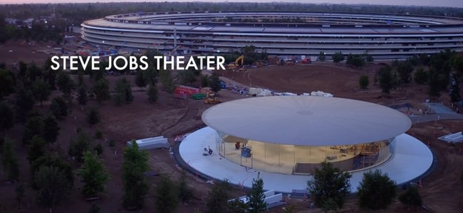 Appleの新本社「Apple Park」をドローンで撮影した新しい動画が公開。スティーブ・ジョブズ・シアターが点灯した様子も明らかに
